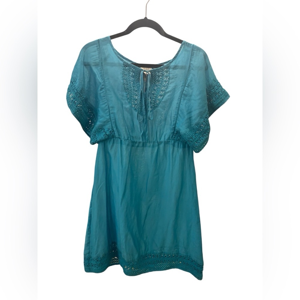 HD in Paris Anthropologie Turquoise Silk Cotton Crochet Lace trim tunic dress